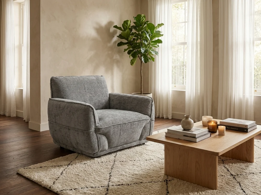 Lucia armchair in grey fabric with padded arms and back, single cushioned seat