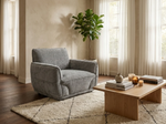 Lucia armchair in grey fabric with padded arms and back, single cushioned seat