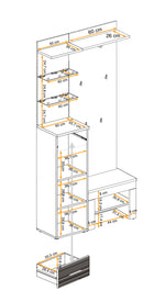 Hallway set layout dimensions diagram showing shelves, drawers, and bench