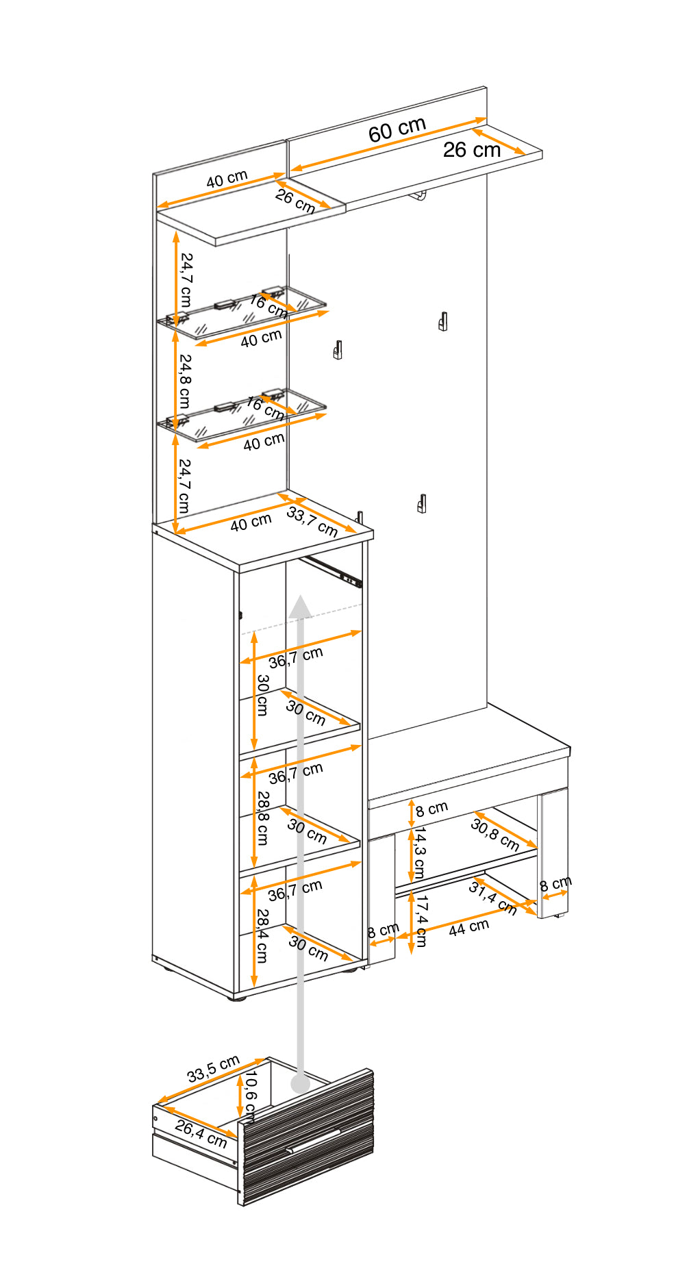 Hallway set layout dimensions diagram showing shelves, drawers, and bench