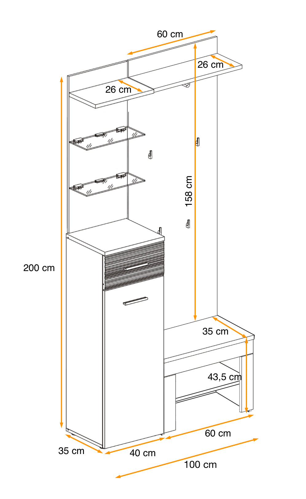 Hallway set dimensions diagram with measurements for shelf and storage