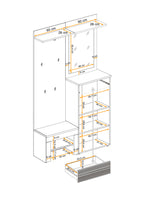 Hallway set technical diagram showing cabinet and shelf measurements in cm