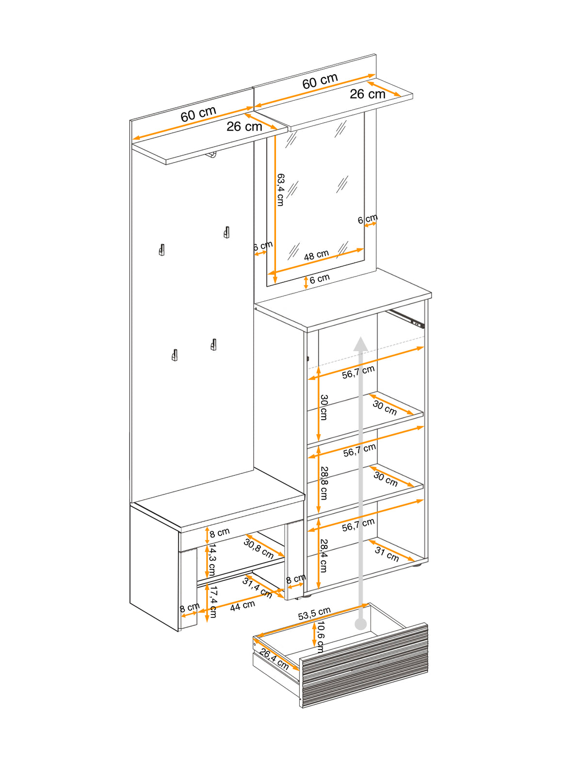 Hallway set technical diagram showing cabinet and shelf measurements in cm