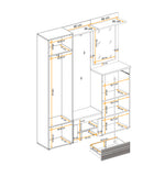 Hallway storage unit cutaway dimension diagram showing shelves and drawers