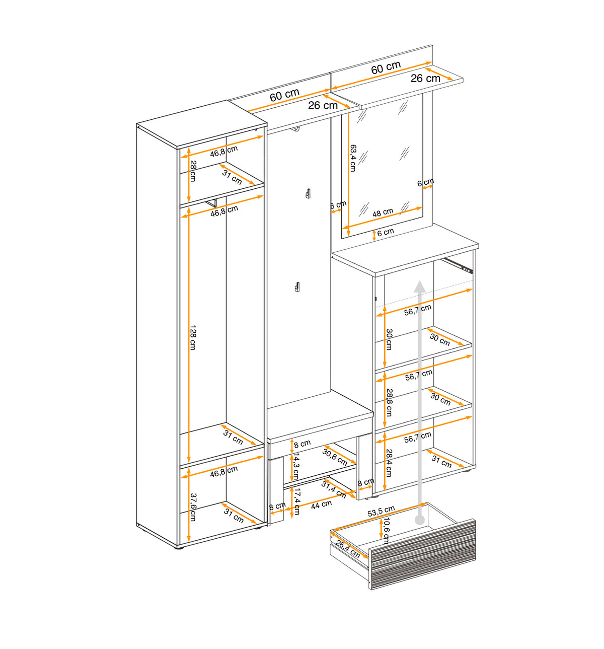 Hallway storage unit cutaway dimension diagram showing shelves and drawers