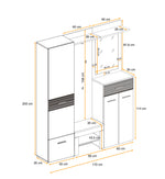 Hallway storage unit dimension diagram with cabinet compartments and drawer