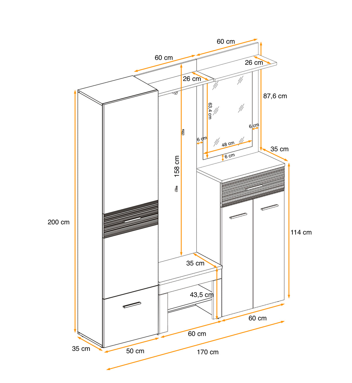 Hallway storage unit dimension diagram with cabinet compartments and drawer