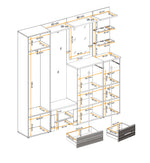 Hallway cabinet set exploded view with white doors, drawers, shelves, and mounting hardware