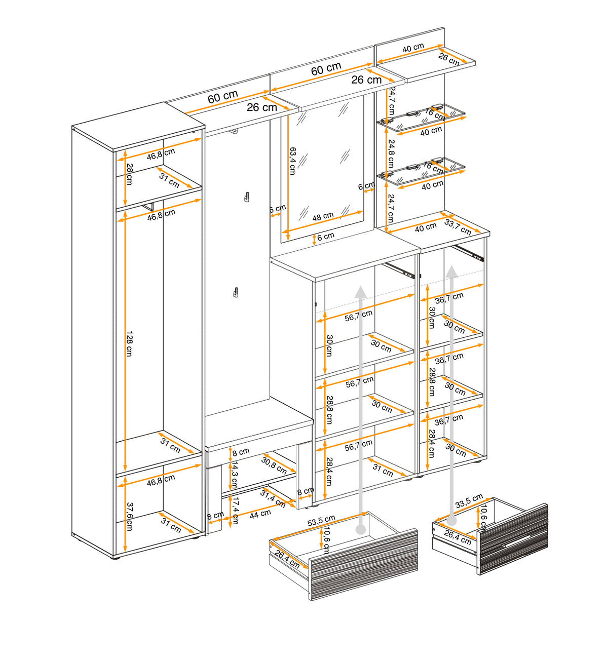 Hallway cabinet set exploded view with white doors, drawers, shelves, and mounting hardware