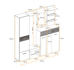 Hallway cabinet set layout with white panels and wood-look accents; shelves and doors with dimensions