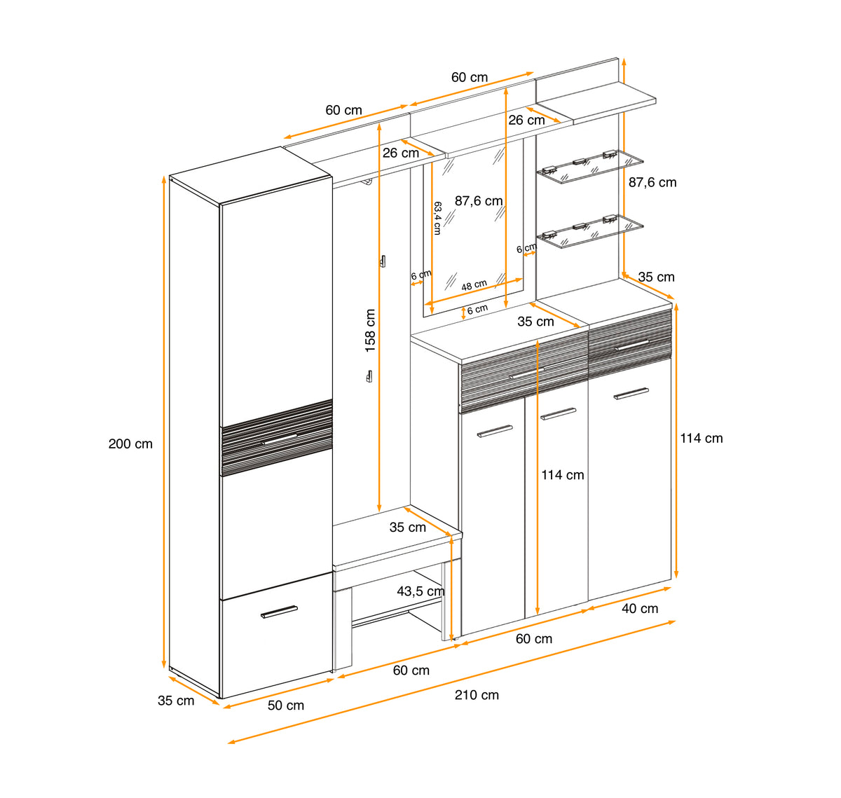 Hallway cabinet set layout with white panels and wood-look accents; shelves and doors with dimensions