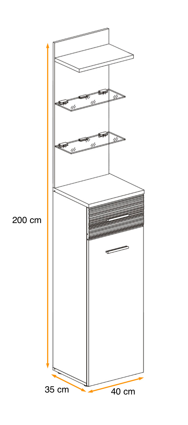 Tall hallway cabinet with open shelves and slatted drawer, pull handle