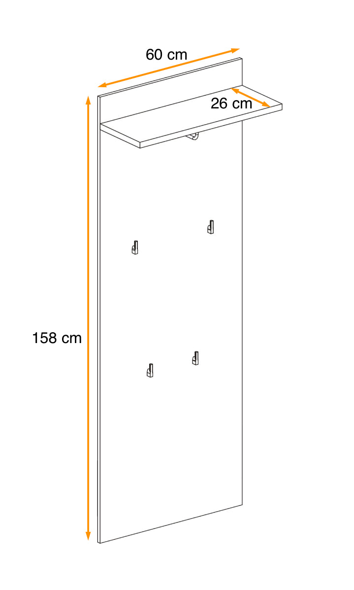 Wall-mounted hallway hanger with 60 cm shelf and 158 cm vertical panel