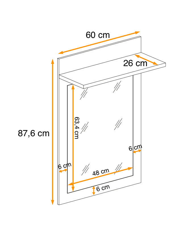 Wall hallway mirror with top shelf, rectangular frame, measurements shown (60 x 87.6 cm).