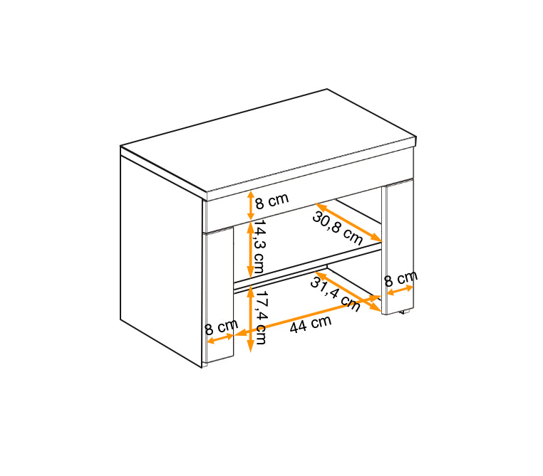 Hallway bench dimension diagram: 60 cm wide, open shelf storage