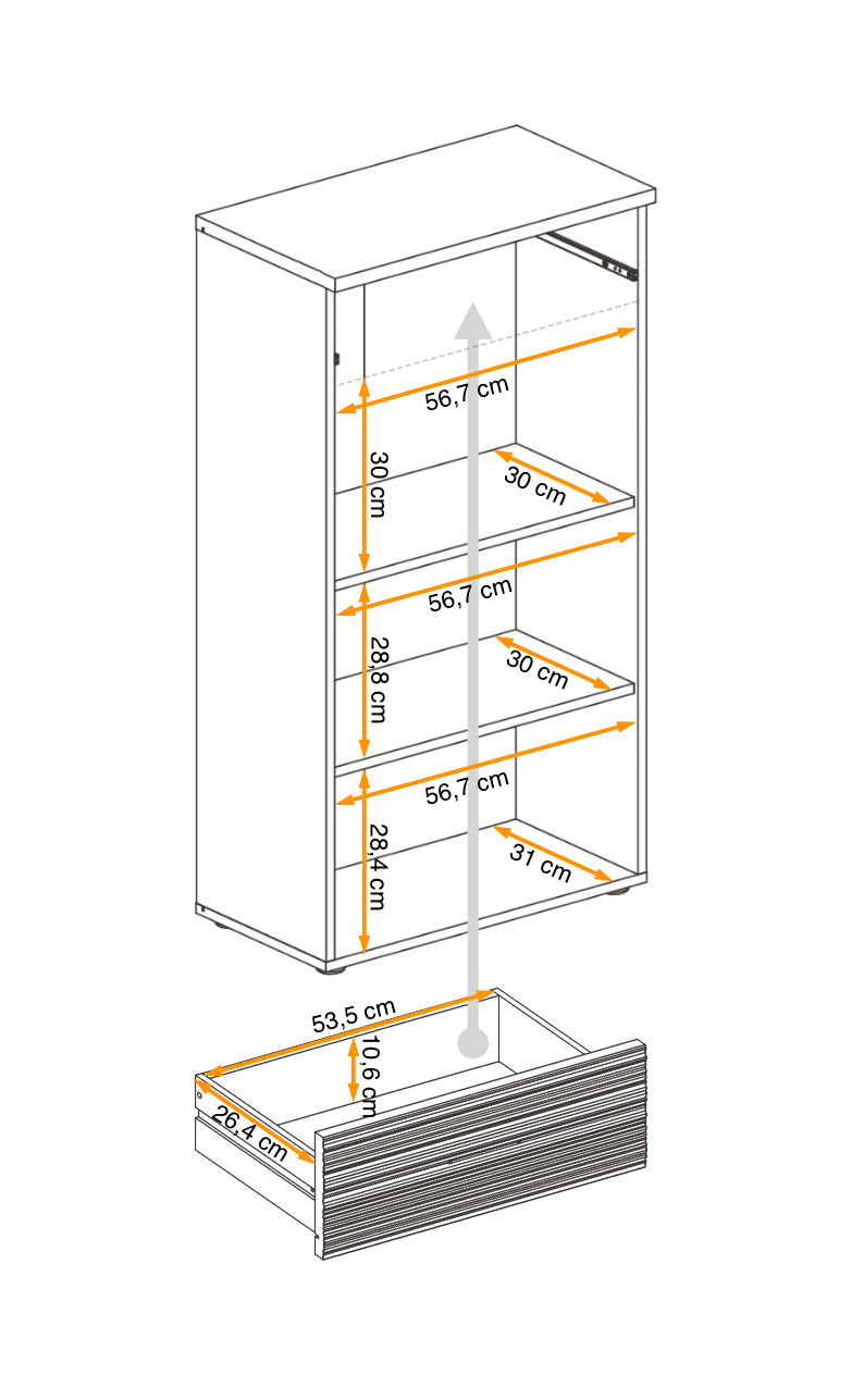 Hallway cabinet 60 cm wide with three interior shelves and slatted drawer