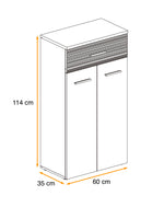 Hallway cabinet with slatted drawer front, light finish, and two silver bar handles