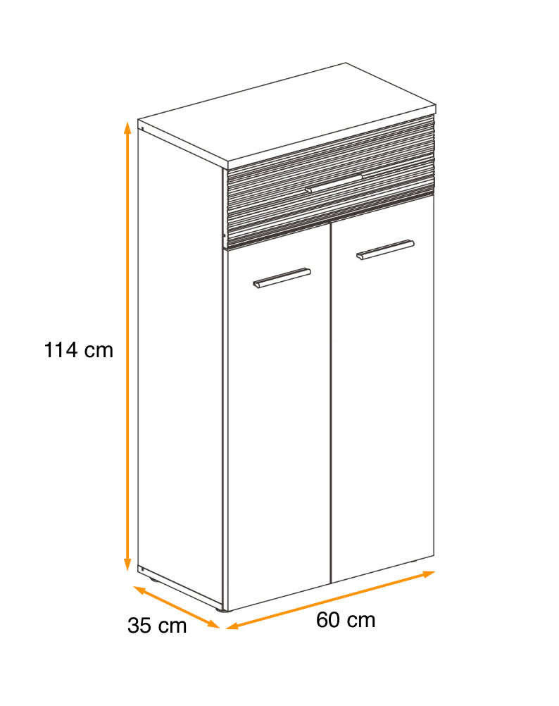 Hallway cabinet with slatted drawer front, light finish, and two silver bar handles