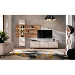 Media wall unit with wood slat backdrop and white standing TV cabinet