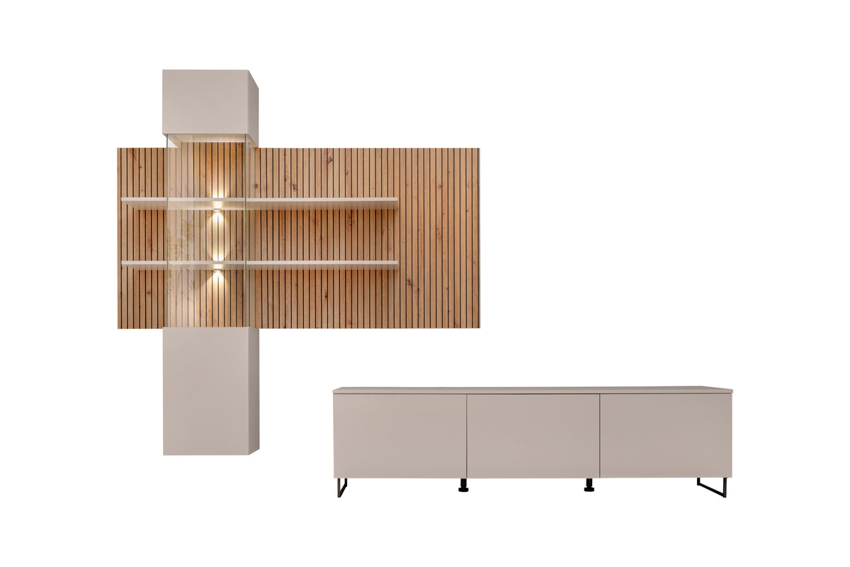 Wood slat wall panel with recessed shelves and white media console cabinet
