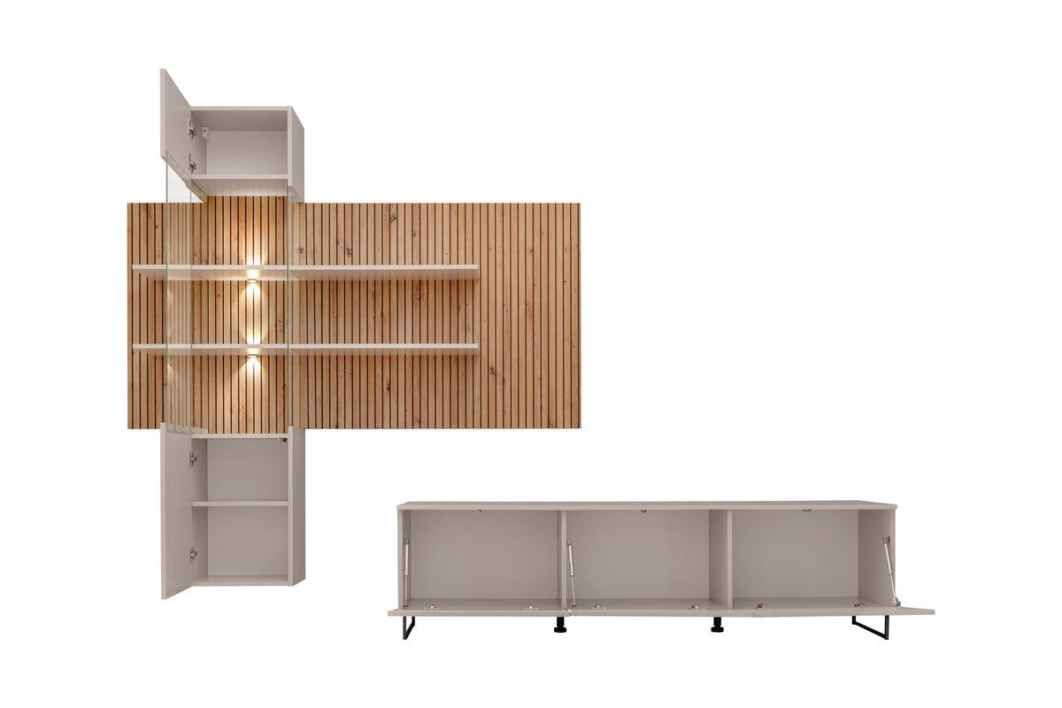 Wood slat media wall with open shelves and white TV console with doors