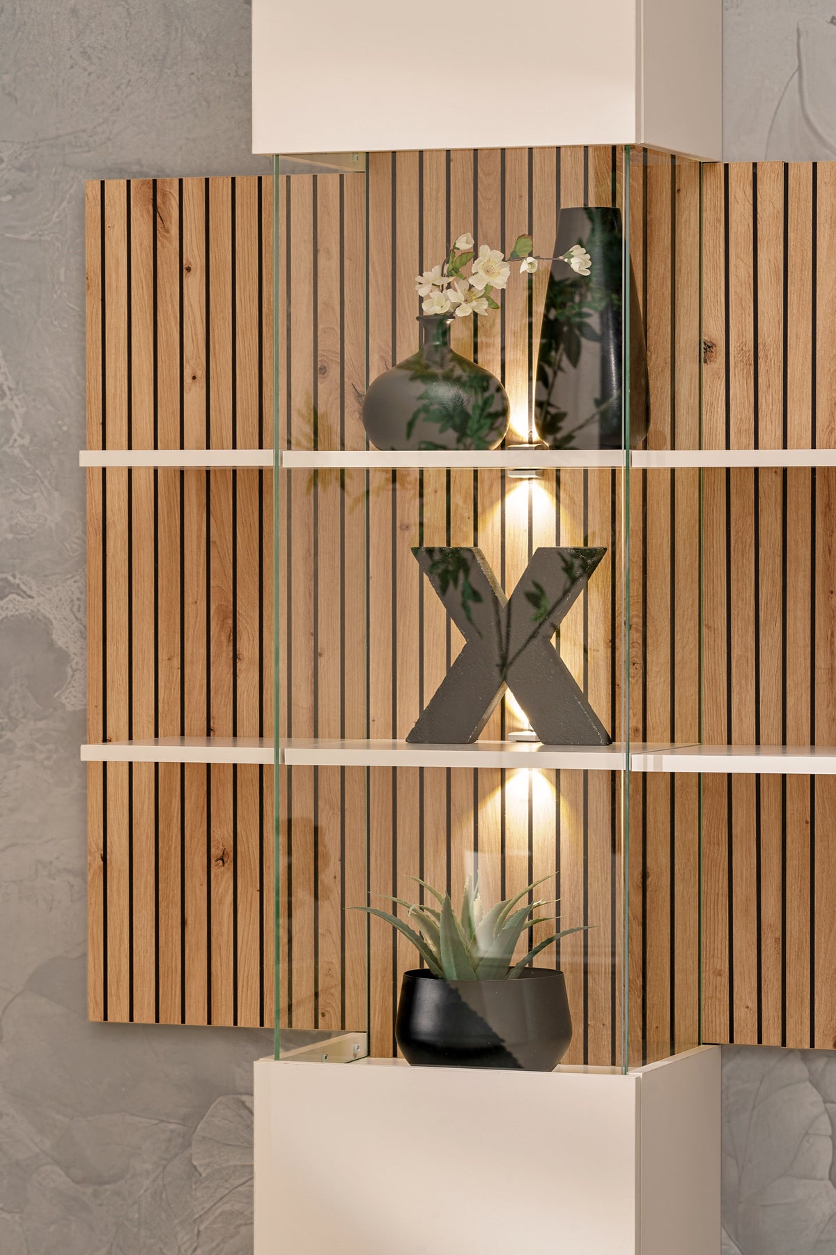 Wood slat media wall unit with floating TV cabinet and open shelves