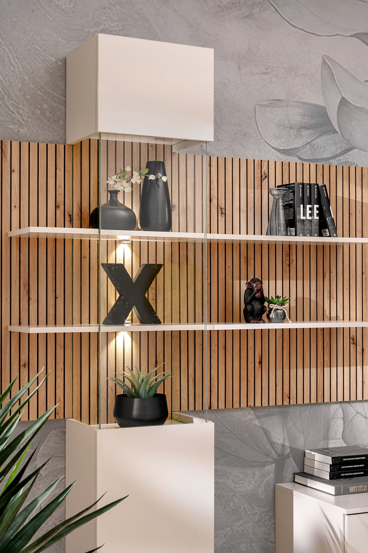 Wood slat media wall with floating TV cabinet and wall storage compartments
