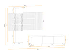 Front and side view technical drawing of media wall unit with TV cabinet
