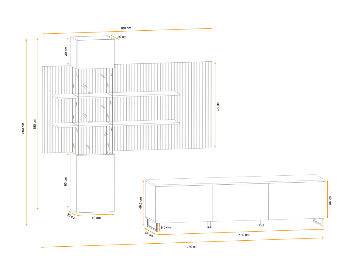 Front and side view technical drawing of media wall unit with TV cabinet