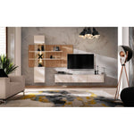 Wall-mounted media wall unit with floating TV cabinet and open display shelves