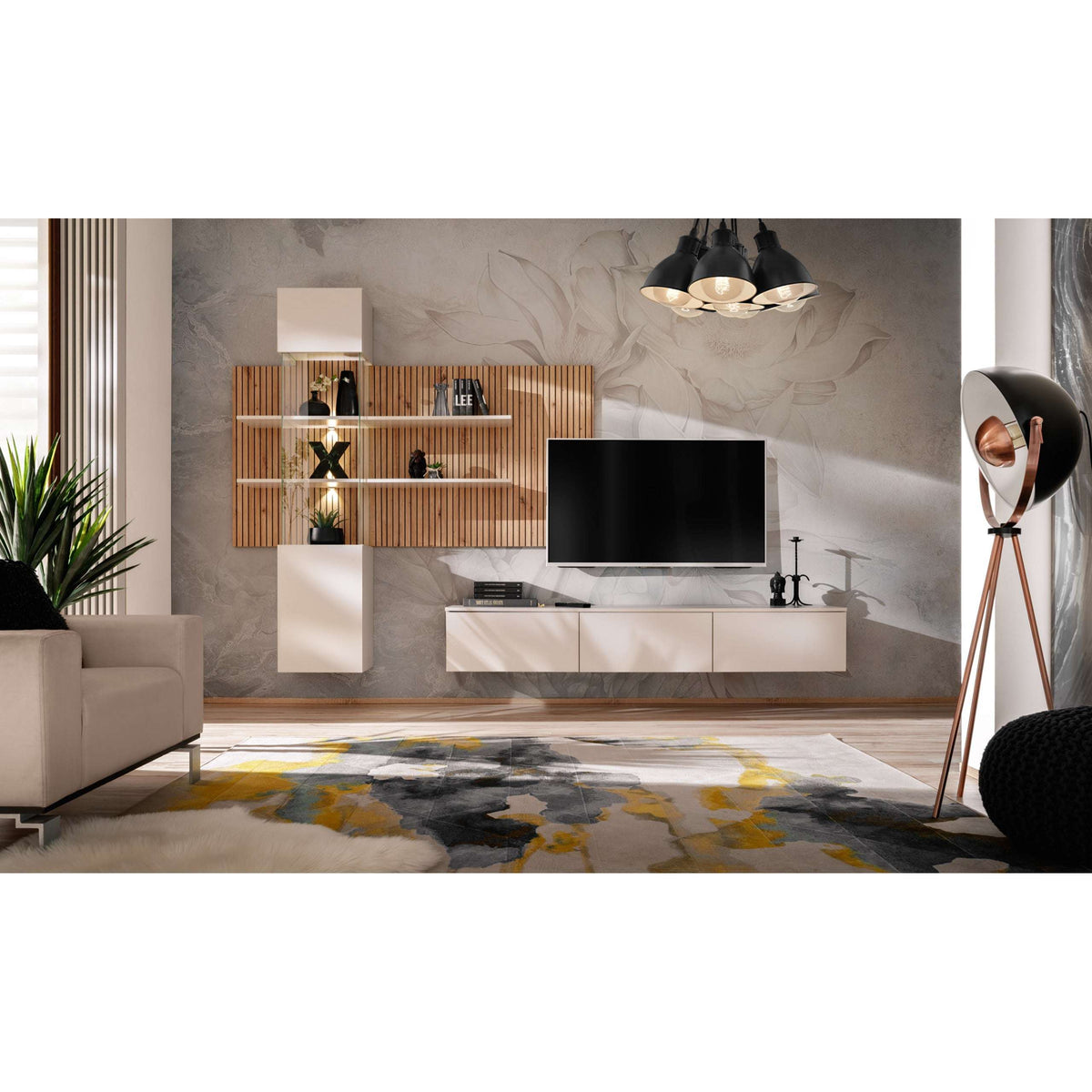 Wall-mounted media wall unit with floating TV cabinet and open display shelves