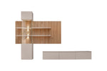 Media wall unit with floating drawers and integrated wood slat storage