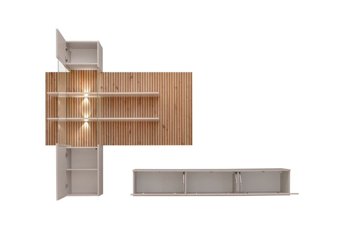 Media wall unit with open side cabinet and floating TV console drawers