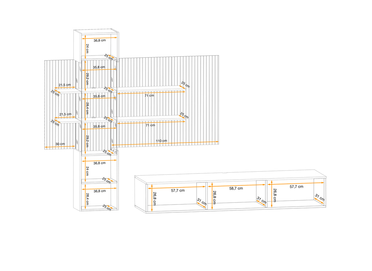 Wall unit technical layout diagram with cabinet dimensions