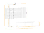Media wall unit dimension drawing with cabinet and side storage layout