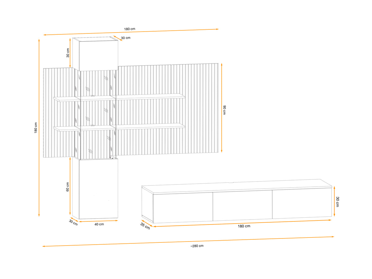 Media wall unit dimension drawing with cabinet and side storage layout
