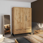 Light wood 3-door wardrobe with two drawers and vertical metal handles