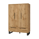 Light wood 3-door wardrobe with two bottom drawers and long bar handles