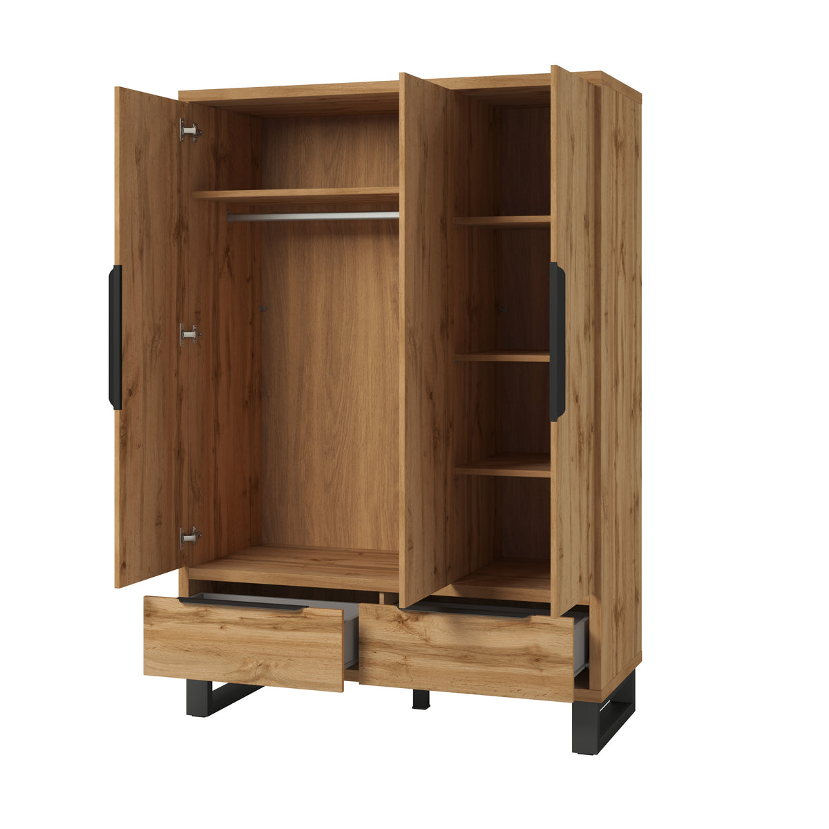 Light wood 3-door wardrobe with open interior, shelves, and two drawers