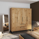 Light oak-effect 4-door wardrobe with 2 drawers and black legs