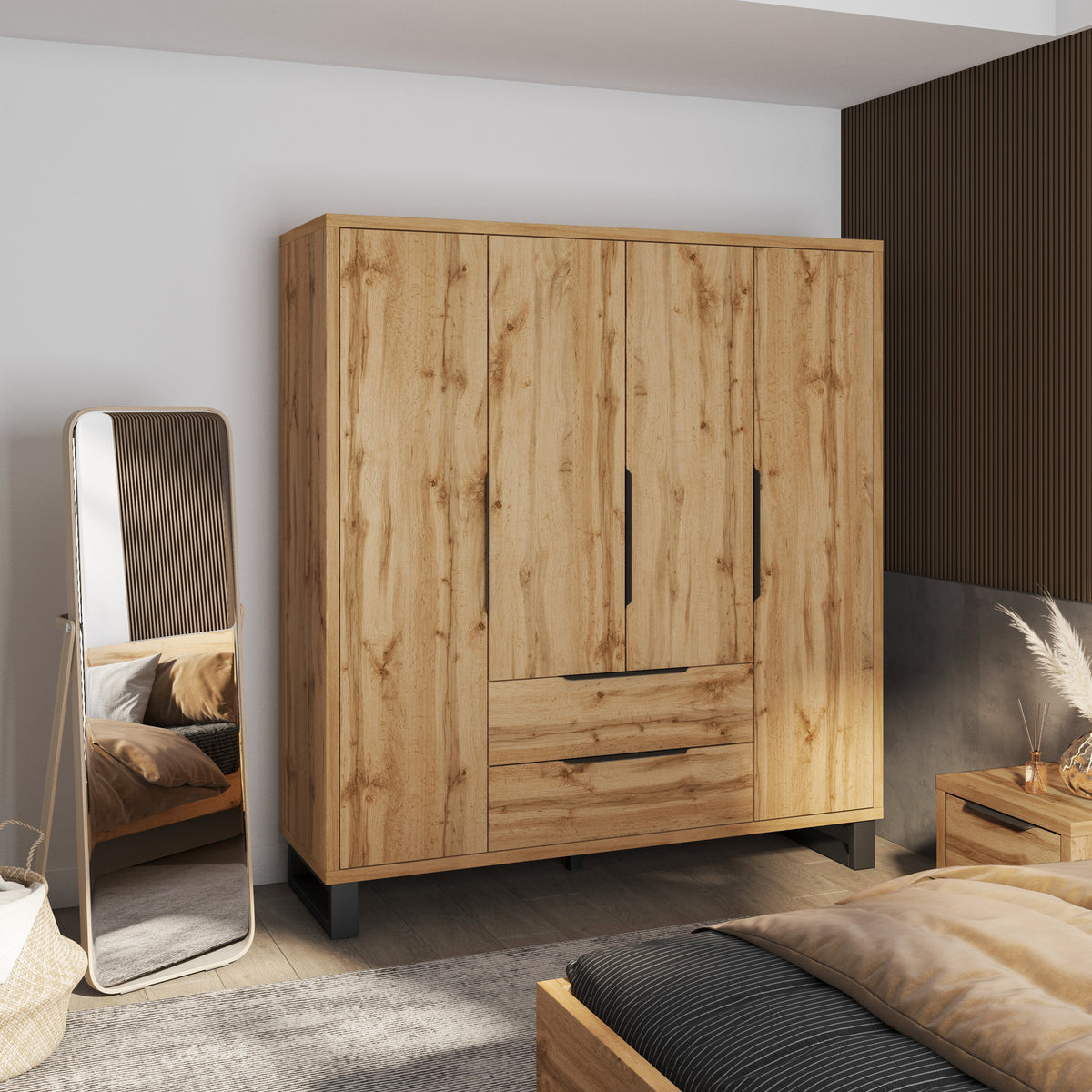Light oak-effect 4-door wardrobe with 2 drawers and black legs