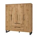 Light oak-effect wardrobe with four panel doors, two drawers, black legs