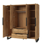 Open light oak-effect wardrobe with hanging space, shelves, and two drawers