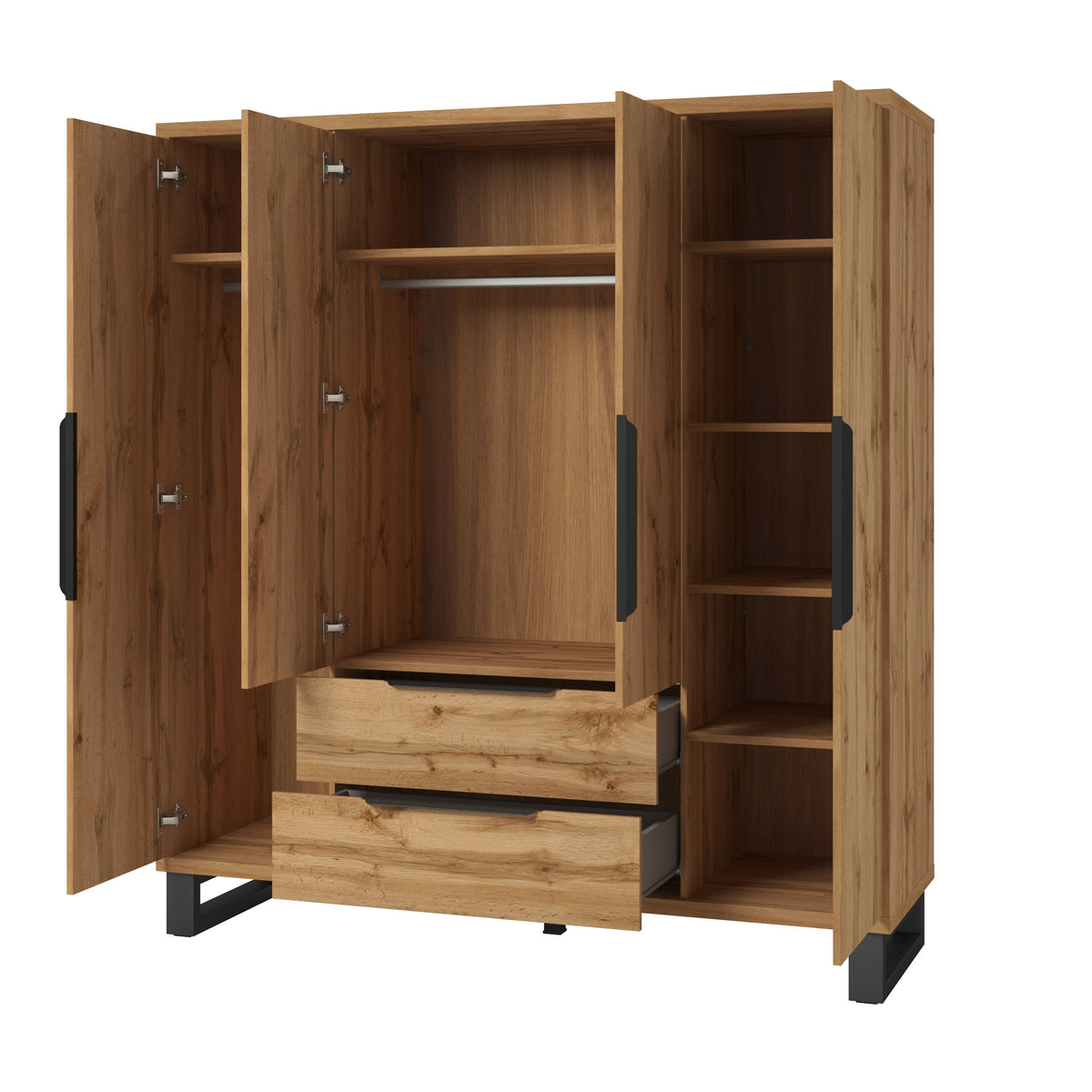 Open light oak-effect wardrobe with hanging space, shelves, and two drawers