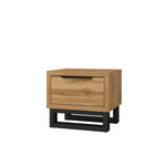 Wood bedside table with drawer, black frame base, square compact design