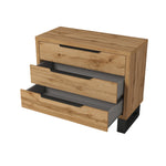 Light wood chest of drawers with two drawers pulled out, dark interiors and legs.