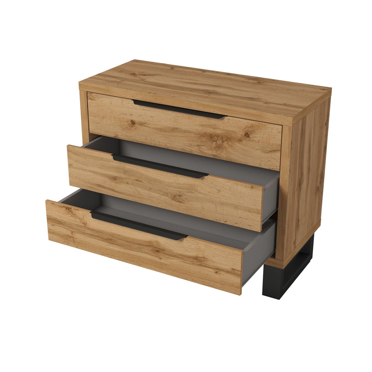 Light wood chest of drawers with two drawers pulled out, dark interiors and legs.