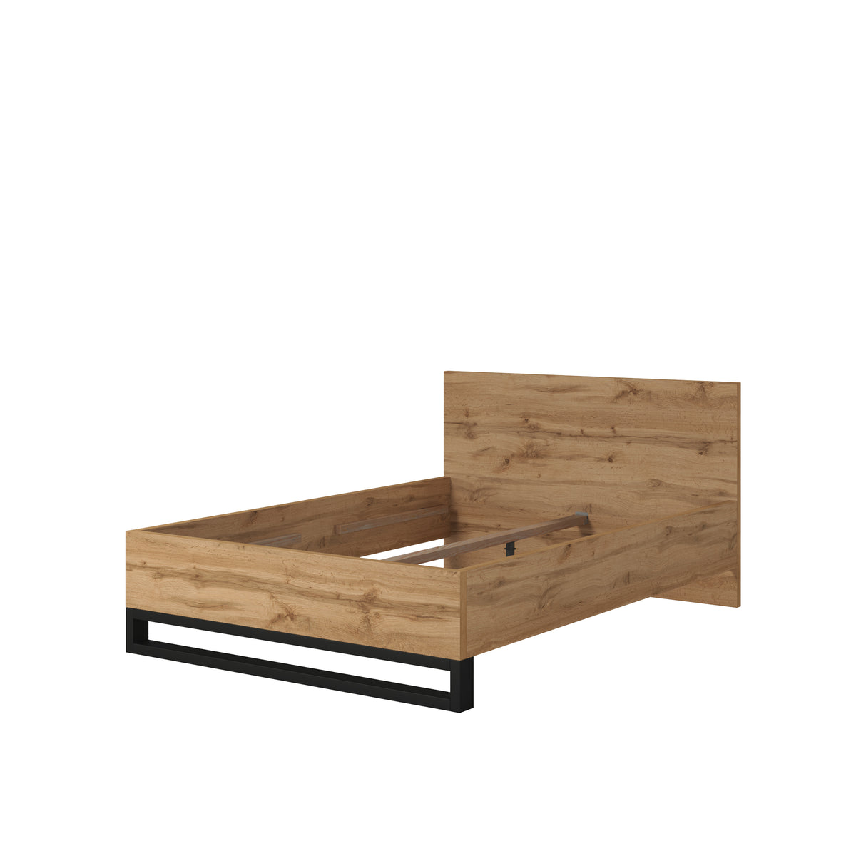 Alin bed frame with light oak look panels and black metal platform base