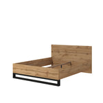 Alin bed frame with light oak panels, tall headboard, and black metal base
