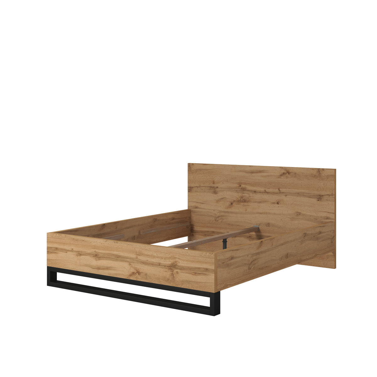 Alin bed frame with light oak panels, tall headboard, and black metal base